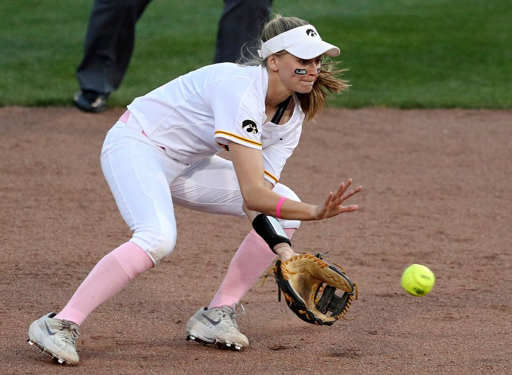 Iowa second baseman Aralee Bogar (2) fields a ground ball as they turn a double play during the fifth inning of their game against Iowa State at Pearl Field in Iowa City on Tuesday, Apr. 9, 2019. (Stephen Mally/hawkeyesports.com)