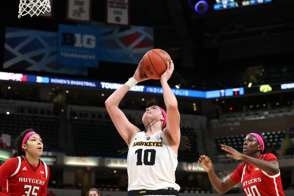 Iowa Hawkeyes forward Megan Gustafson (10) against the Rutgers Scarlet Knights in the semi-finals of the Big Ten Tournament Saturday, March 9, 2019 at Bankers Life Fieldhouse in Indianapolis, Ind. (Brian Ray/hawkeyesports.com)