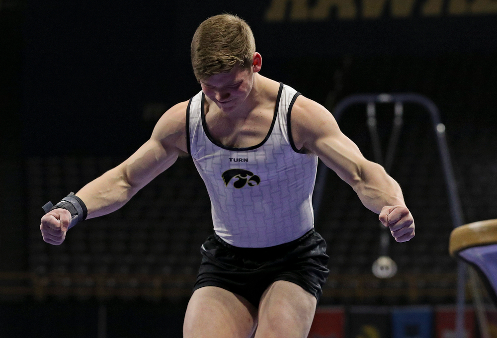 Iowa's Stewart Brown competes in the vault during the second day of the Big Ten Men's Gymnastics Championships at Carver-Hawkeye Arena in Iowa City on Saturday, Apr. 6, 2019. (Stephen Mally/hawkeyesports.com)