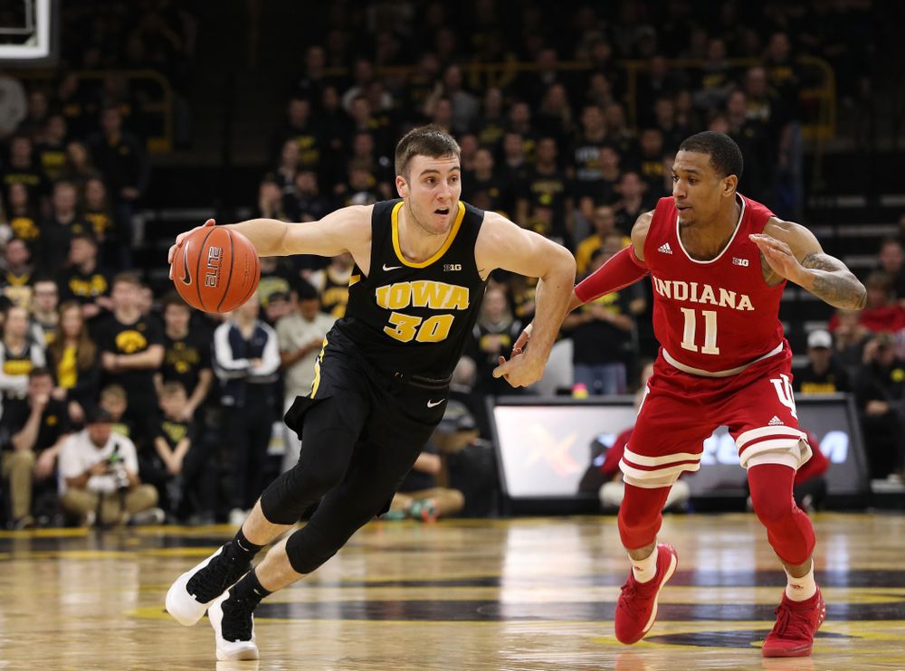 Iowa Hawkeyes guard Connor McCaffery (30) against the Indiana Hoosiers Friday, February 22, 2019 at Carver-Hawkeye Arena. (Brian Ray/hawkeyesports.com)