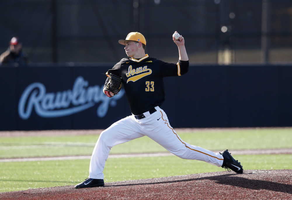Iowa Hawkeyes pitcher Jack Dreyer (33) against Grand View Wednesday, April 4, 2018 at Duane Banks Field. (Brian Ray/hawkeyesports.com)