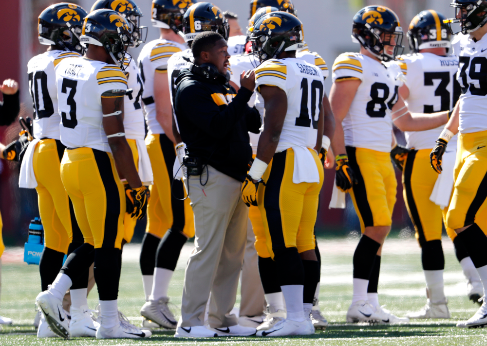 Iowa Hawkeyes running back Mekhi Sargent (10) and running backs coach Derrick Foster against the Indiana Hoosiers Saturday, October 13, 2018 at Memorial Stadium, in Bloomington, Ind. (Brian Ray/hawkeyesports.com)