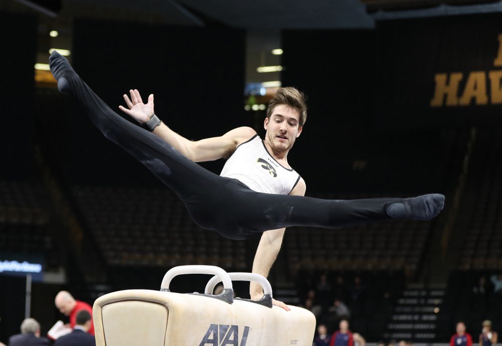 Iowa's Kevin Johnson competes on the pommel horse against UIC and Minnesota Saturday, February 2, 2019 at Carver-Hawkeye Arena. (Brian Ray/hawkeyesports.com)