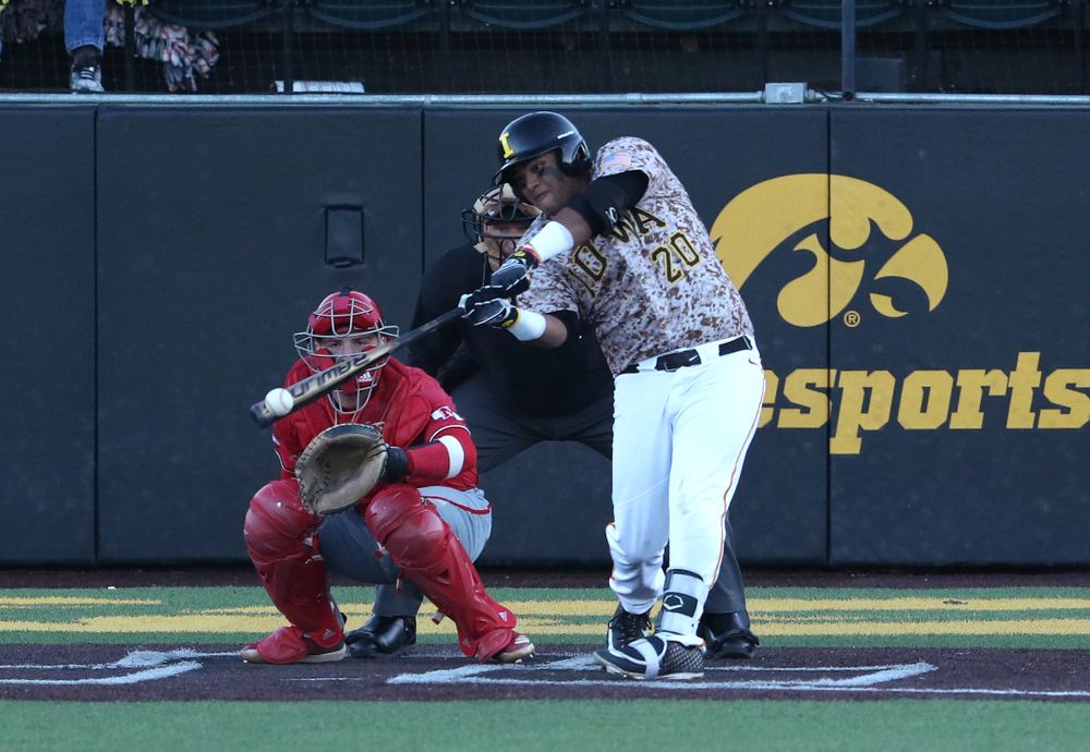 Iowa Hawkeyes Izaya Fullard (20) against the Nebraska Cornhuskers on Military Appreciation Night Friday, April 19, 2019 at Duane Banks Field. (Brian Ray/hawkeyesports.com)