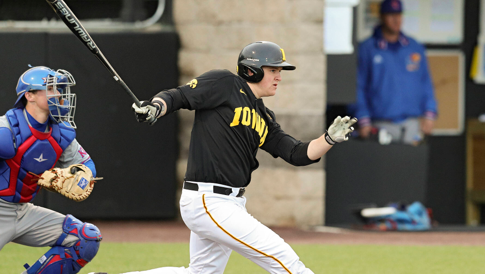 Iowa first baseman Peyton Williams (45) drives in a run with a hit during the eighth inning of their college baseball game at Duane Banks Field in Iowa City on Tuesday, March 10, 2020. (Stephen Mally/hawkeyesports.com)