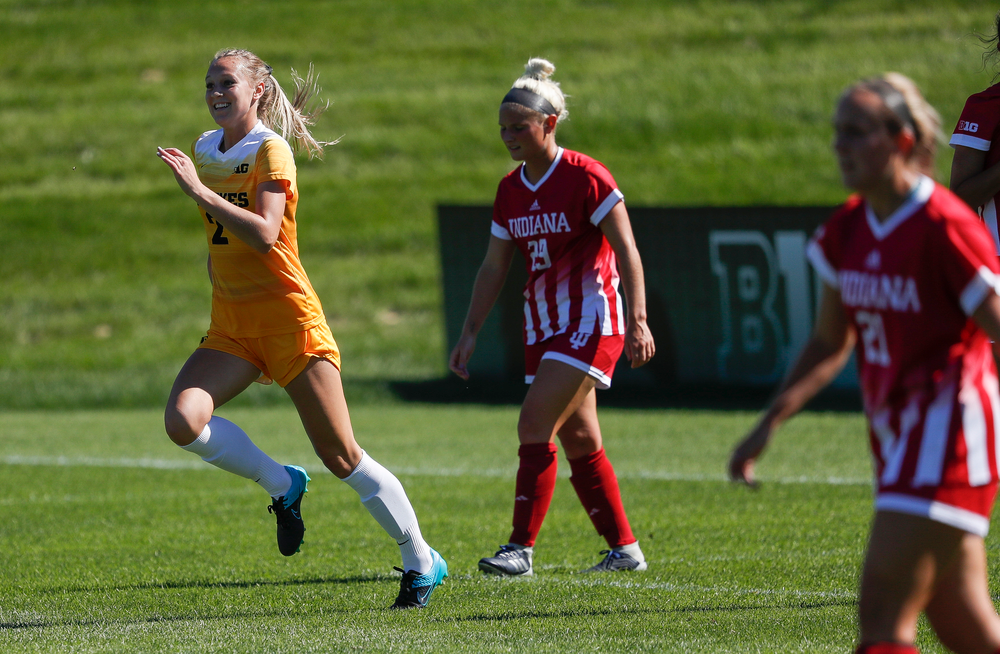 Iowa Hawkeyes midfielder Hailey Rydberg (2) celebrates after scoring a goal during a game against Indiana at the Iowa Soccer Complex on September 23, 2018. (Tork Mason/hawkeyesports.com)