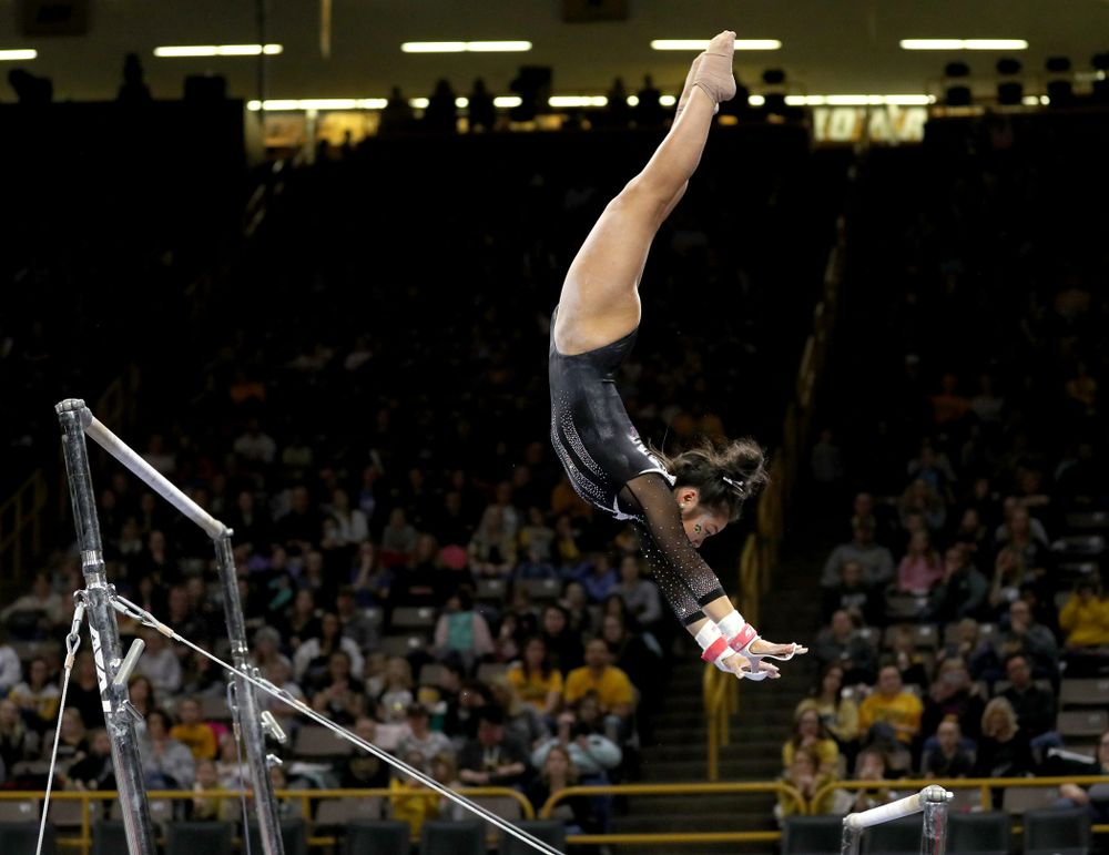 Iowa’s Clair Kaji competes on the bars against Michigan State Saturday, February 1, 2020 at Carver-Hawkeye Arena. (Brian Ray/hawkeyesports.com)
