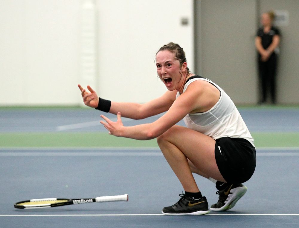 Iowa’s Samantha Mannix celebrates after winning her singles match at the Hawkeye Tennis and Recreation Complex in Iowa City on Sunday, February 23, 2020. (Stephen Mally/hawkeyesports.com)