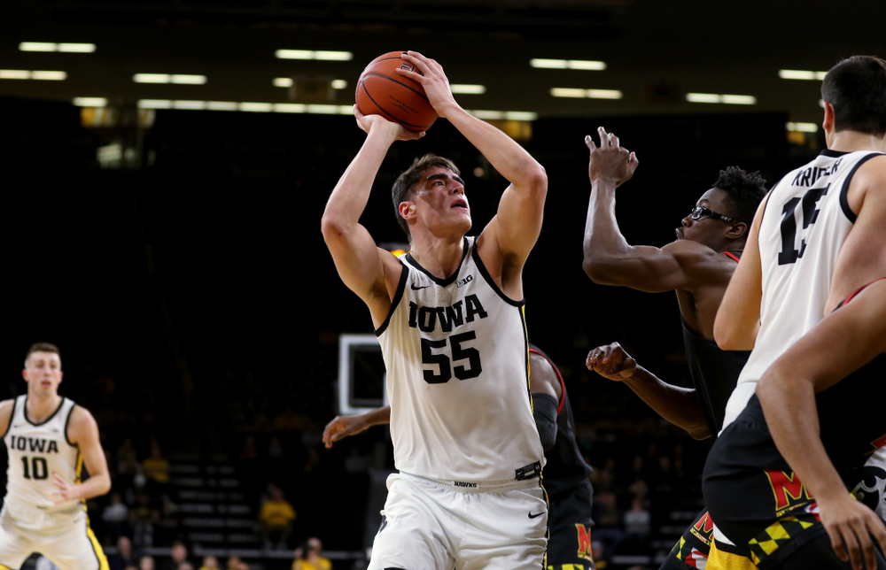 Iowa Hawkeyes forward Luka Garza (55) against the Maryland Terrapins Friday, January 10, 2020 at Carver-Hawkeye Arena. (Brian Ray/hawkeyesports.com)