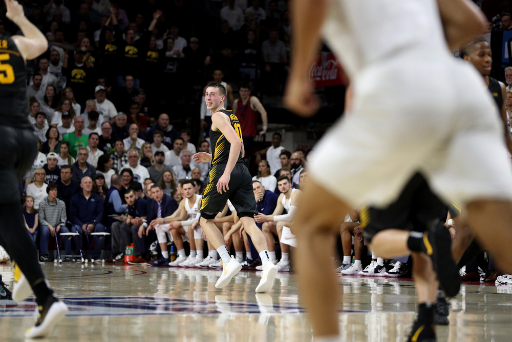 Iowa Hawkeyes guard Joe Wieskamp (10) celebrates a three point basket against Penn State Saturday, January 4, 2020 at the Palestra in Philadelphia. (Brian Ray/hawkeyesports.com)