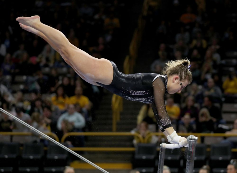 Iowa’s Alex Greenwald competes on the bars against Michigan State Saturday, February 1, 2020 at Carver-Hawkeye Arena. (Brian Ray/hawkeyesports.com)