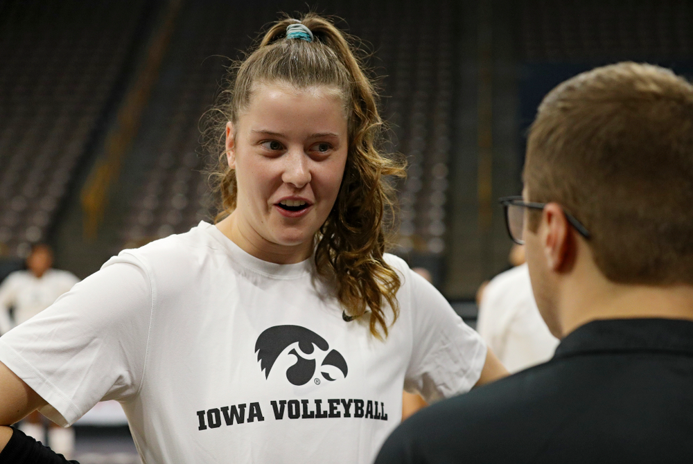 Iowa’s Edina Schmidt (20) answers questions during Iowa Volleyball’s Media Day at Carver-Hawkeye Arena in Iowa City on Friday, Aug 23, 2019. (Stephen Mally/hawkeyesports.com)