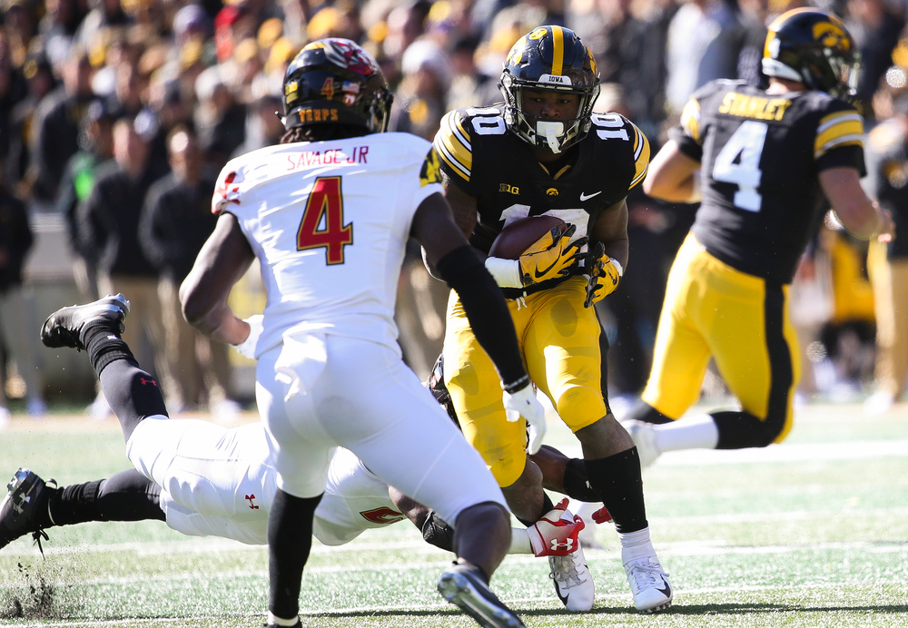 Iowa Hawkeyes running back Mekhi Sargent (10) runs the ball during a game against Maryland at Kinnick Stadium on October 20, 2018. (Tork Mason/hawkeyesports.com)