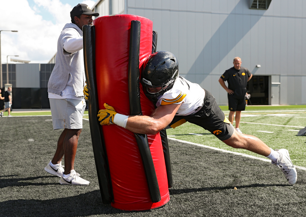 Iowa Hawkeyes linebacker Kristian Welch (34) hits a bag as they run a drill during Fall Camp Practice No. 13 at the Hansen Football Performance Center in Iowa City on Friday, Aug 16, 2019. (Stephen Mally/hawkeyesports.com)