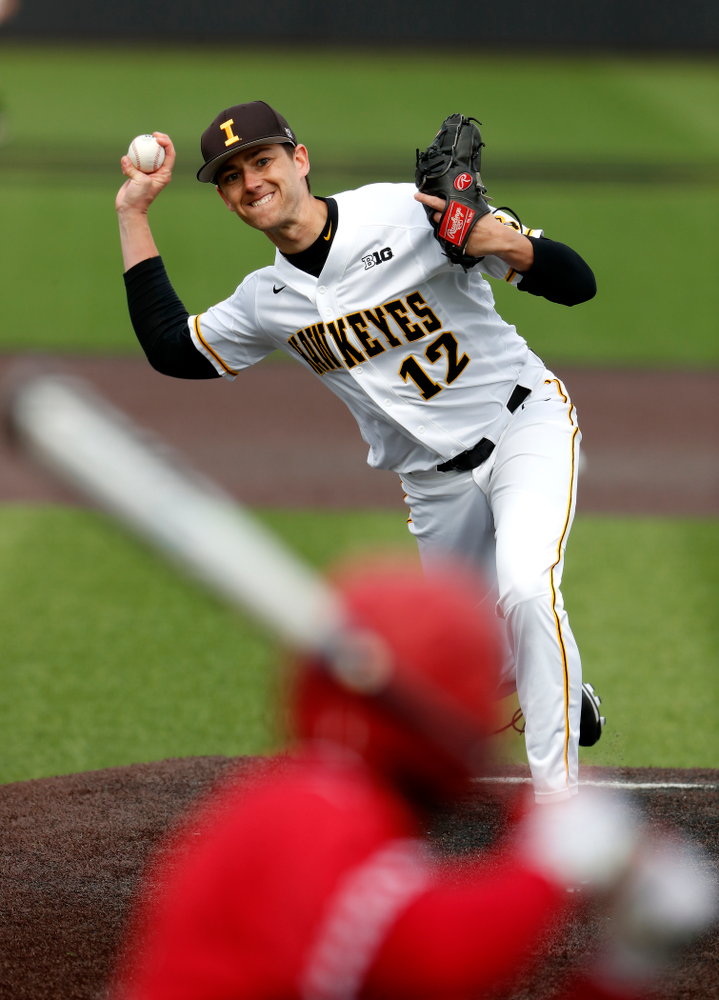 Iowa Hawkeyes pitcher Nick Nelsen (12) during a double header against the Indiana Hoosiers Friday, March 23, 2018 at Duane Banks Field. (Brian Ray/hawkeyesports.com)