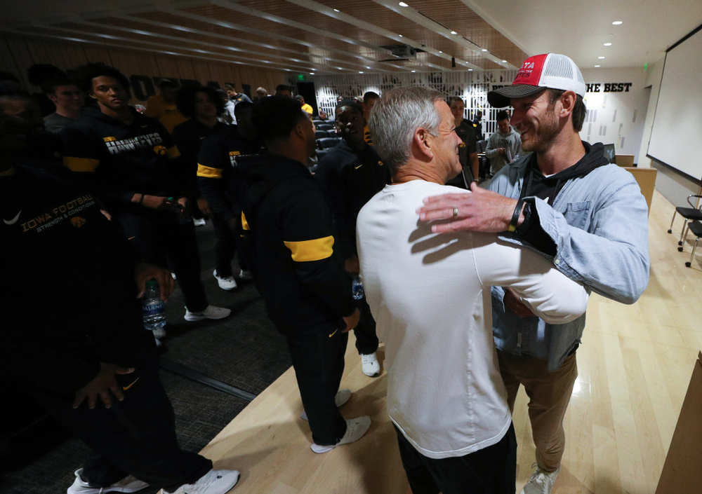 Honorary Captain Ricky Stanzi addresses the team Friday, October 11, 2019 at the Hansen Football Performance Center. (Brian Ray/hawkeyesports.com)