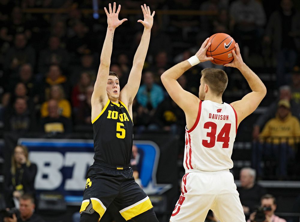 Iowa Hawkeyes guard CJ Fredrick (5) defends during the first half of their game at Carver-Hawkeye Arena in Iowa City on Monday, January 27, 2020. (Stephen Mally/hawkeyesports.com)
