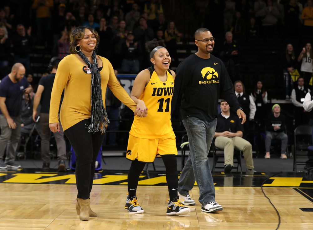 Iowa Hawkeyes guard Tania Davis (11) during senior day ceremonies following their game against the Northwestern Wildcats Sunday, March 3, 2019 at Carver-Hawkeye Arena. (Brian Ray/hawkeyesports.com)