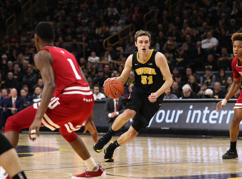 Iowa Hawkeyes forward Nicholas Baer (51) against the Indiana Hoosiers Friday, February 22, 2019 at Carver-Hawkeye Arena. (Brian Ray/hawkeyesports.com)