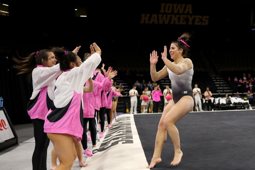 IowaÕs Ariana Agrapides competes on the floor against Ball State and Air Force Saturday, January 11, 2020 at Carver-Hawkeye Arena. (Brian Ray/hawkeyesports.com)