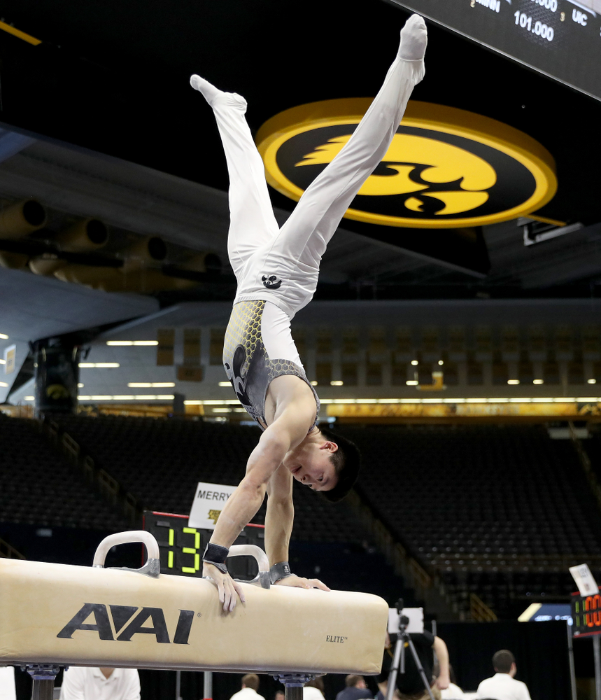 Iowa’s Bennet Huang competes on the Pommel Horse against UIC and Minnesota Saturday, February 1, 2020 at Carver-Hawkeye Arena. (Brian Ray/hawkeyesports.com)