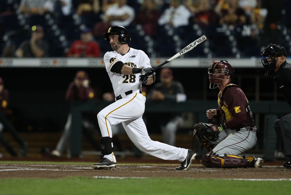 Iowa Hawkeyes Chris Whelan (28) against the Minnesota Golden Gophers in the Big Ten Baseball Tournament Friday, May 24, 2019 at TD Ameritrade Park in Omaha, Neb. (Brian Ray/hawkeyesports.com)