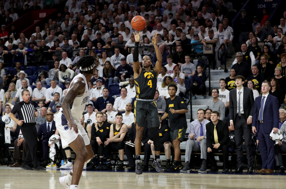 Iowa Hawkeyes guard Bakari Evelyn (4) against Penn State Saturday, January 4, 2020 at the Palestra in Philadelphia. (Brian Ray/hawkeyesports.com)