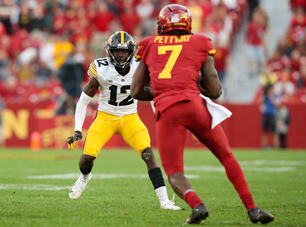 Iowa Hawkeyes defensive back D.J. Johnson (12) closes in
during the second quarter of their Iowa Corn Cy-Hawk Series game at Jack Trice Stadium in Ames on Saturday, Sep 14, 2019. (Stephen Mally/hawkeyesports.com)