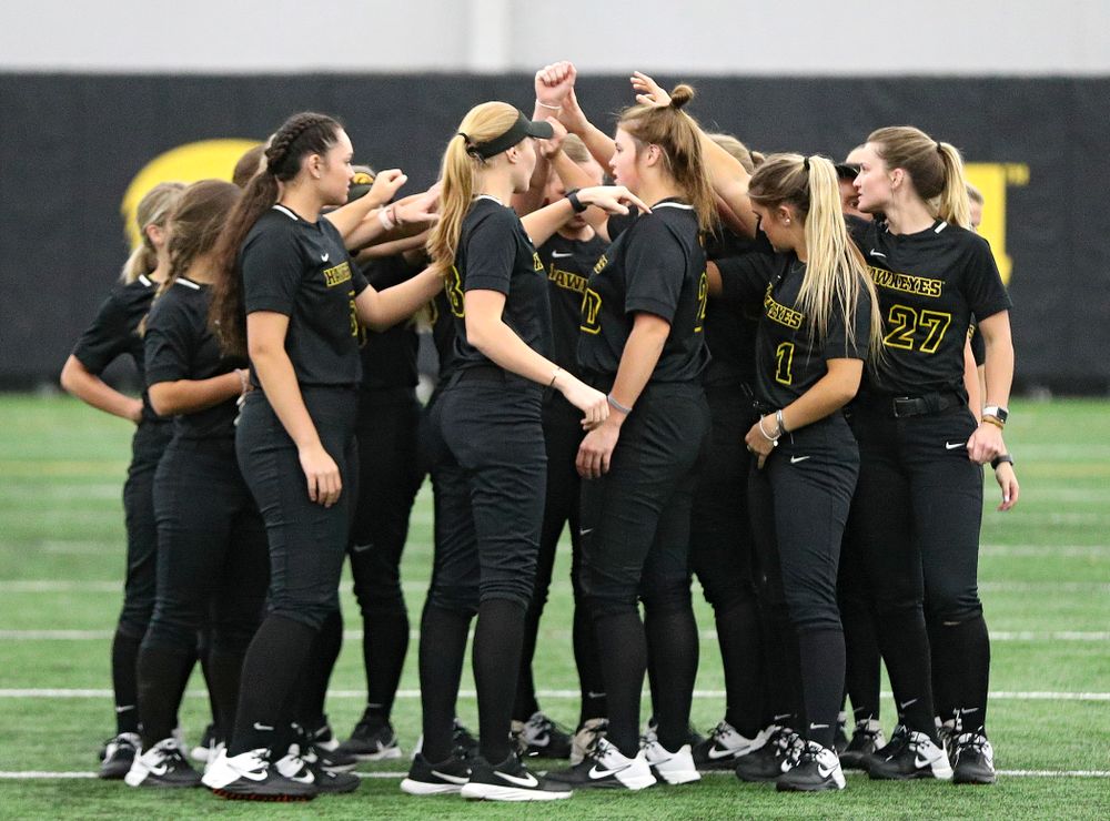 The Hawkeyes huddle before practice during Iowa Softball Media Day at the Hawkeye Tennis and Recreation Complex in Iowa City on Thursday, January 30, 2020. (Stephen Mally/hawkeyesports.com)