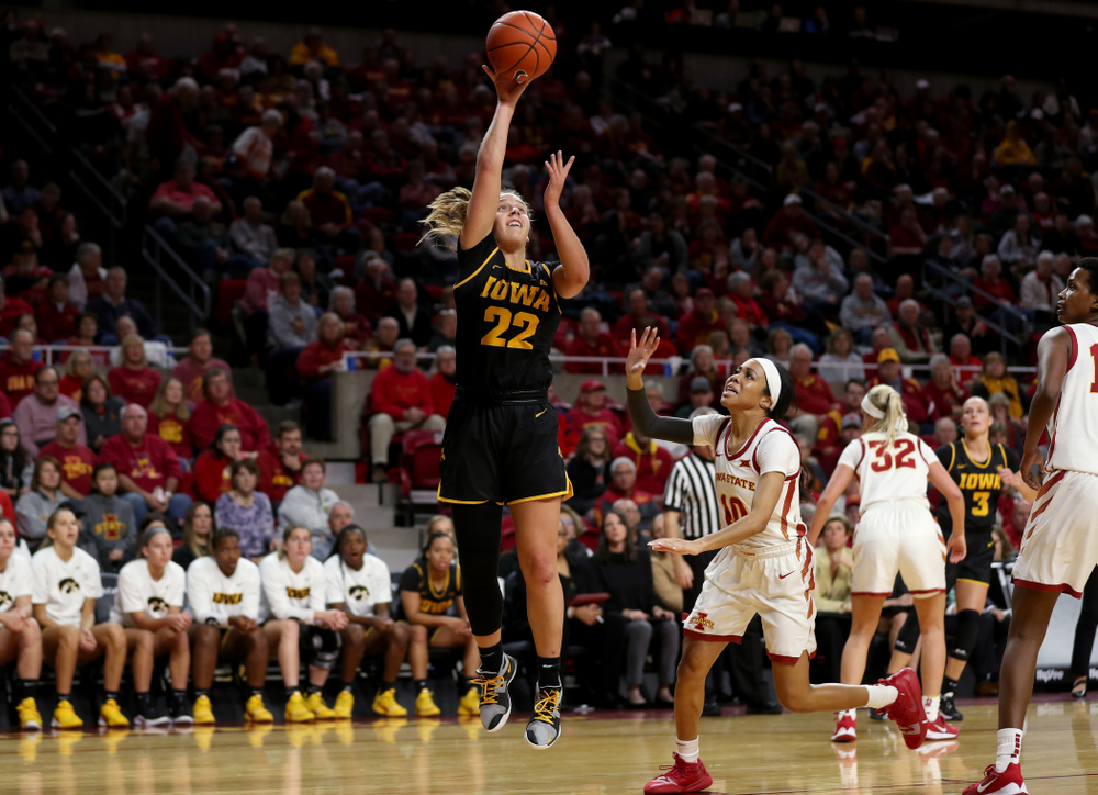 Iowa Hawkeyes guard Kathleen Doyle (22) against the Iowa State Cyclones Wednesday, December 11, 2019 at Hilton Coliseum in Ames, Iowa(Brian Ray/hawkeyesports.com)