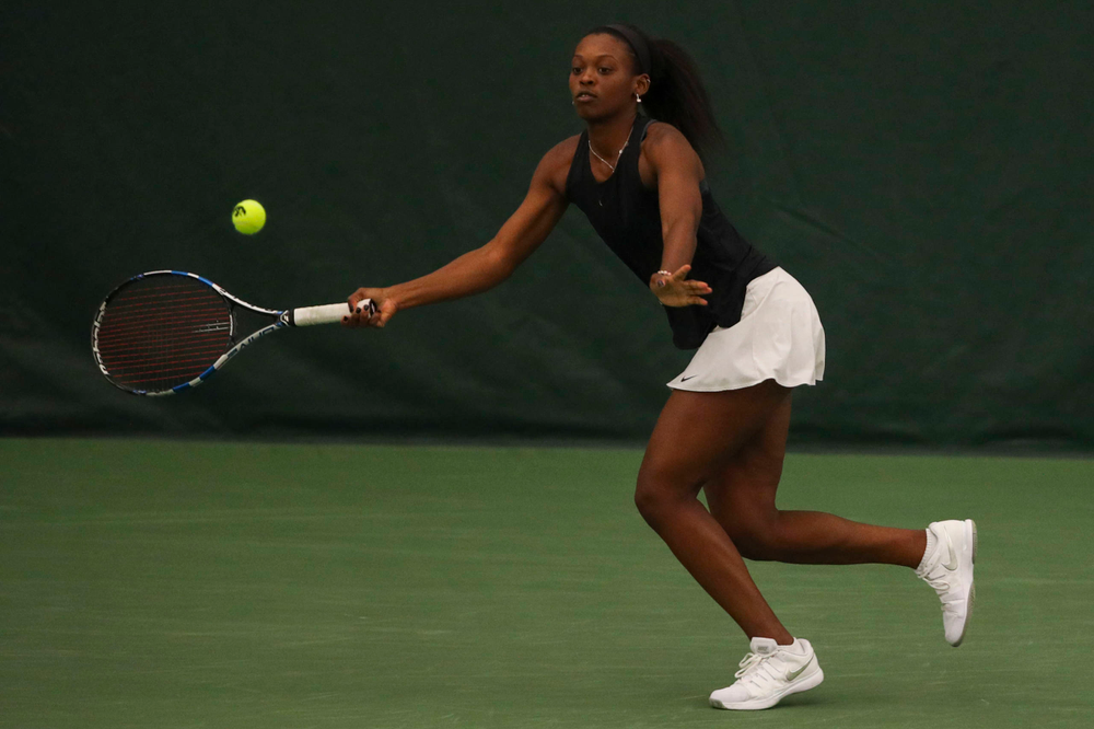 IowaÕs Adorabol Huckleby at womenÕs tennis senior day vs Nebraska on Saturday, April 13, 2019 at the Hawkeye Tennis and Recreation Complex. (Lily Smith/hawkeyesports.com)