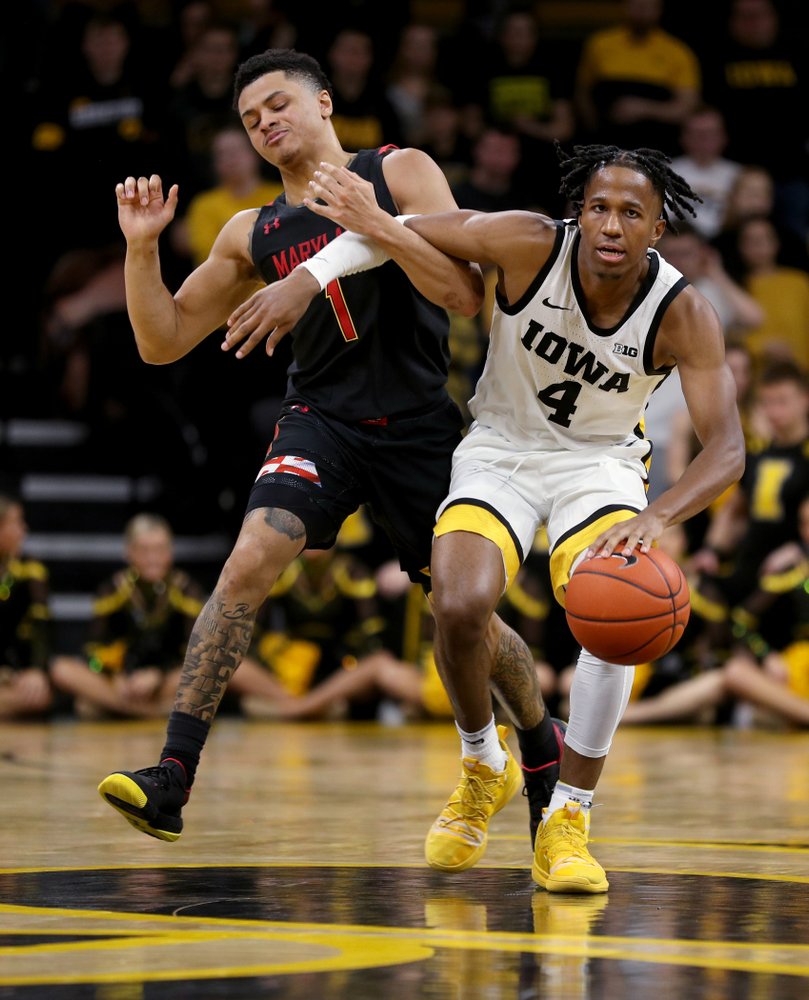 Iowa Hawkeyes guard Bakari Evelyn (4) against the Maryland Terrapins Friday, January 10, 2020 at Carver-Hawkeye Arena. (Brian Ray/hawkeyesports.com)