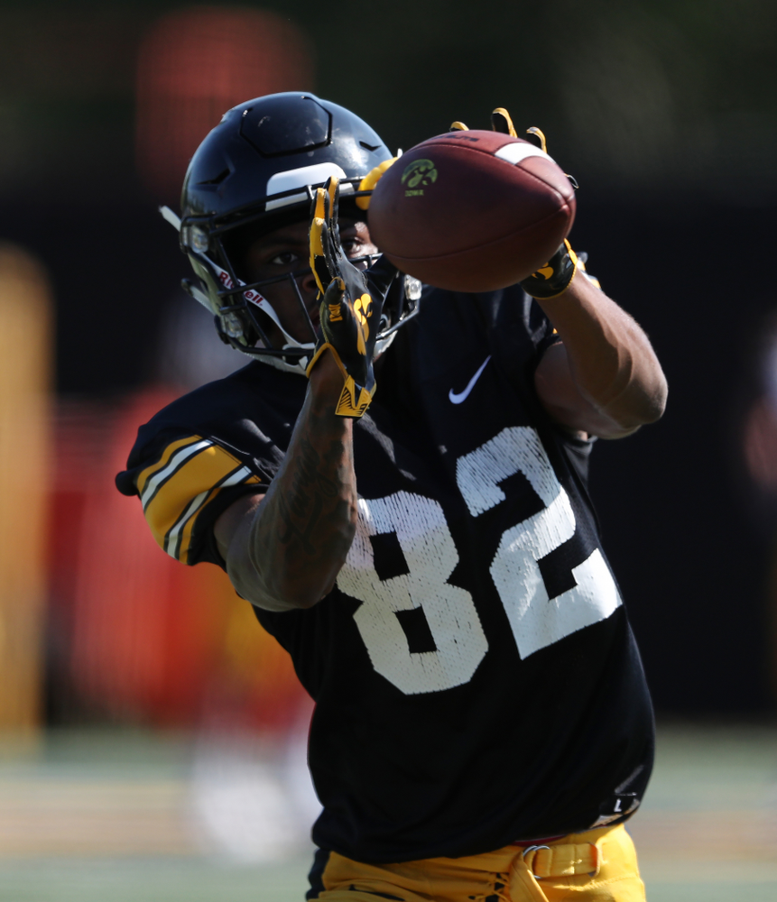 Iowa Hawkeyes wide receiver Calvin Lockett (82) during Fall Camp Practice No. 5 Tuesday, August 6, 2019 at the Ronald D. and Margaret L. Kenyon Football Practice Facility. (Brian Ray/hawkeyesports.com)