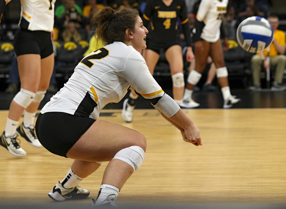 Iowa’s Emily Bushman (12) eyes the ball during the third set of their match against Nebraska at Carver-Hawkeye Arena in Iowa City on Saturday, Nov 9, 2019. (Stephen Mally/hawkeyesports.com)