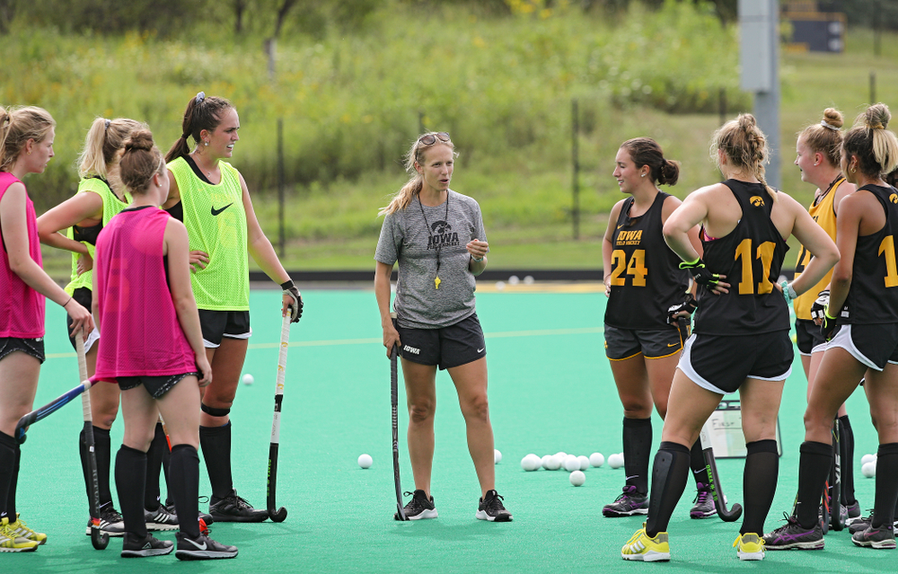 Iowa assistant coach Roz Ellis talks during practice at Grant Field in Iowa City on Thursday, Aug 15, 2019. (Stephen Mally/hawkeyesports.com)