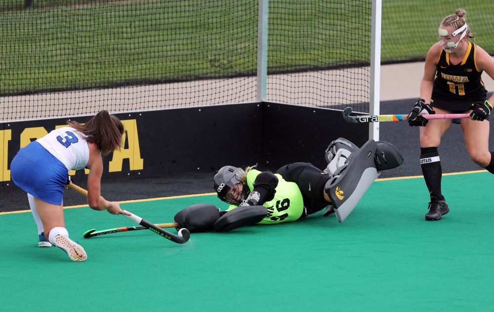 Iowa Hawkeyes goaltender Leslie Speight (96) makes a save against the Duke Blue Devils Sunday, September 15, 2019 at Grant Field. (Brian Ray/hawkeyesports.com)