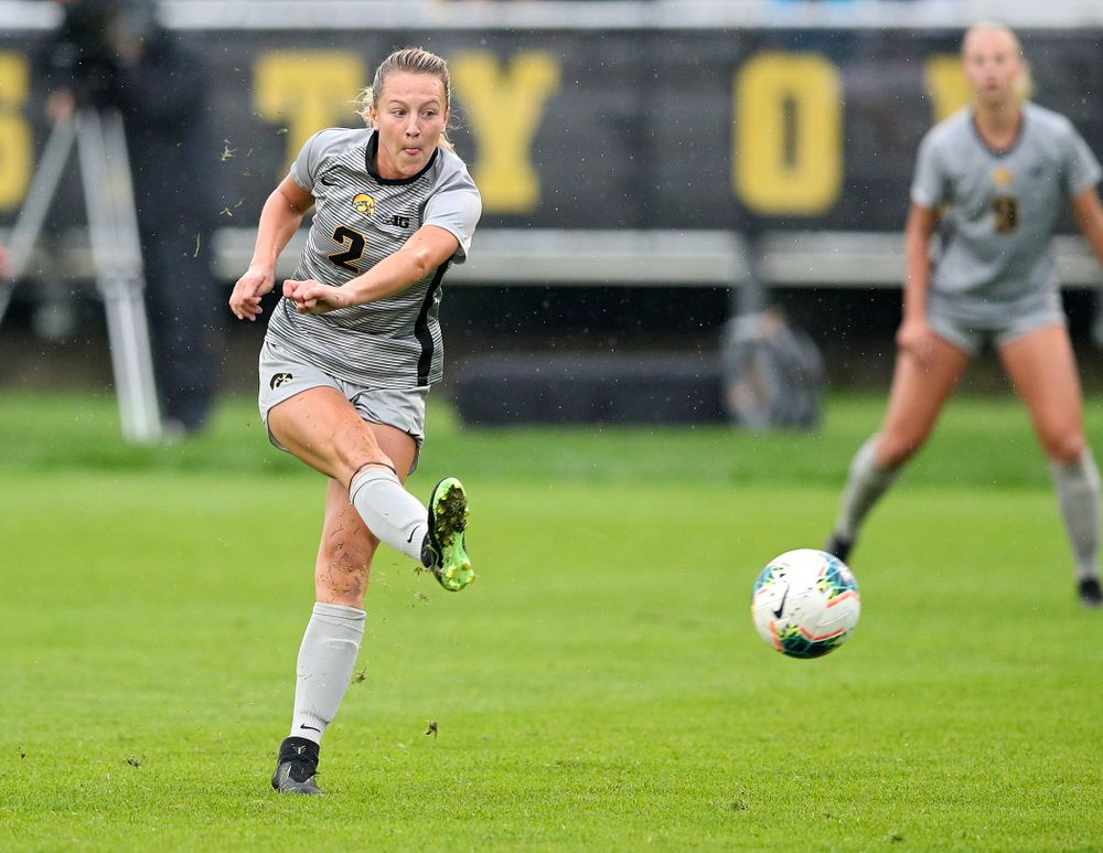 Iowa midfielder Hailey Rydberg (2) scores a goal during the first half of their match at the Iowa Soccer Complex in Iowa City on Sunday, Sep 29, 2019. (Stephen Mally/hawkeyesports.com)