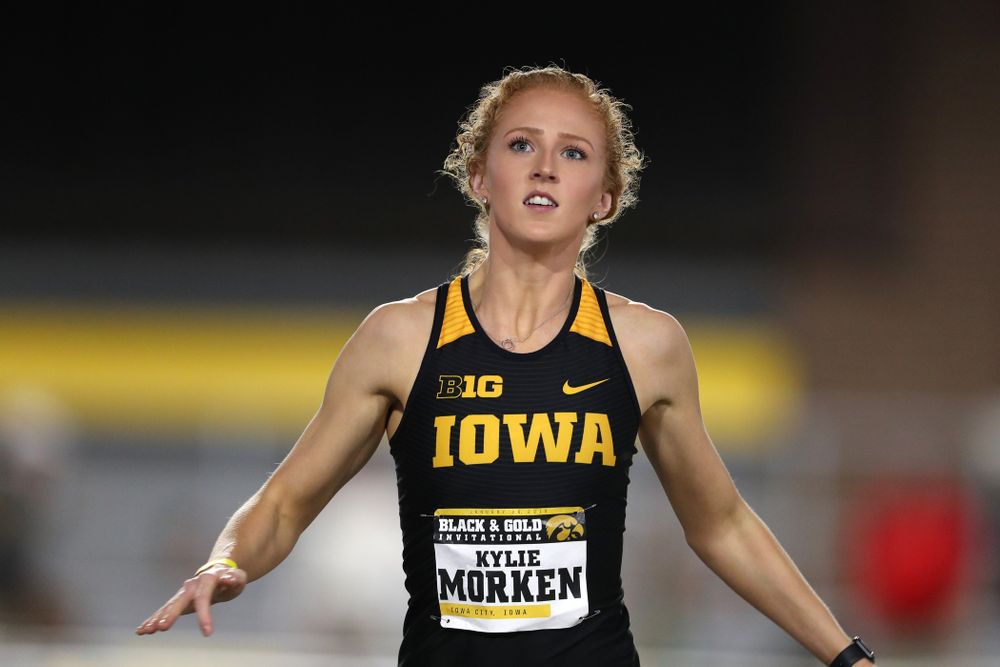 Iowa's Kylie Morken competes in the 60-meter hurdles during the Black and Gold Premier meet Saturday, January 26, 2019 at the Recreation Building. (Brian Ray/hawkeyesports.com)