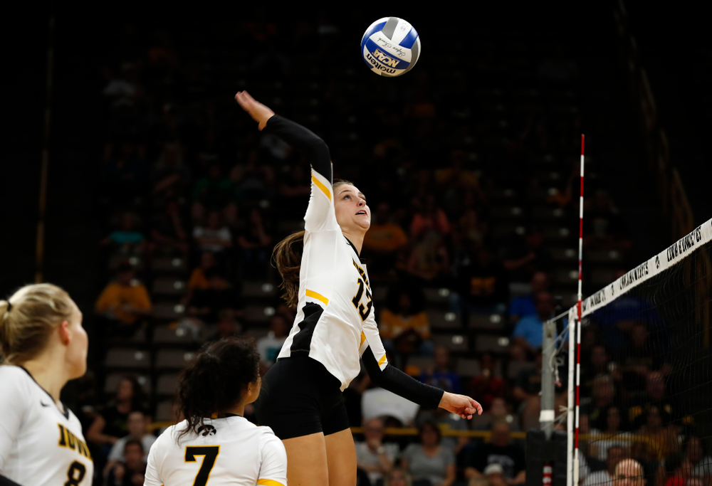 Iowa Hawkeyes middle blocker Sarah Wing (13) against Eastern Illinois Sunday, September 9, 2018 at Carver-Hawkeye Arena. (Brian Ray/hawkeyesports.com)
