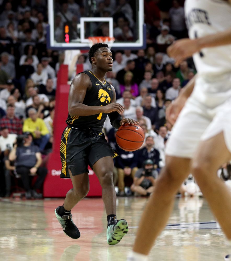 Iowa Hawkeyes guard Joe Toussaint (1) against Penn State Saturday, January 4, 2020 at the Palestra in Philadelphia. (Brian Ray/hawkeyesports.com)
