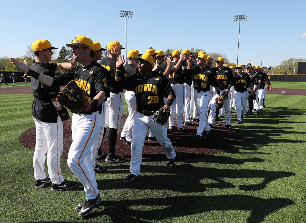 The Iowa Hawkeyes celebrate after winning game two against UC Irvine Saturday, May 4, 2019 at Duane Banks Field. (Brian Ray/hawkeyesports.com)