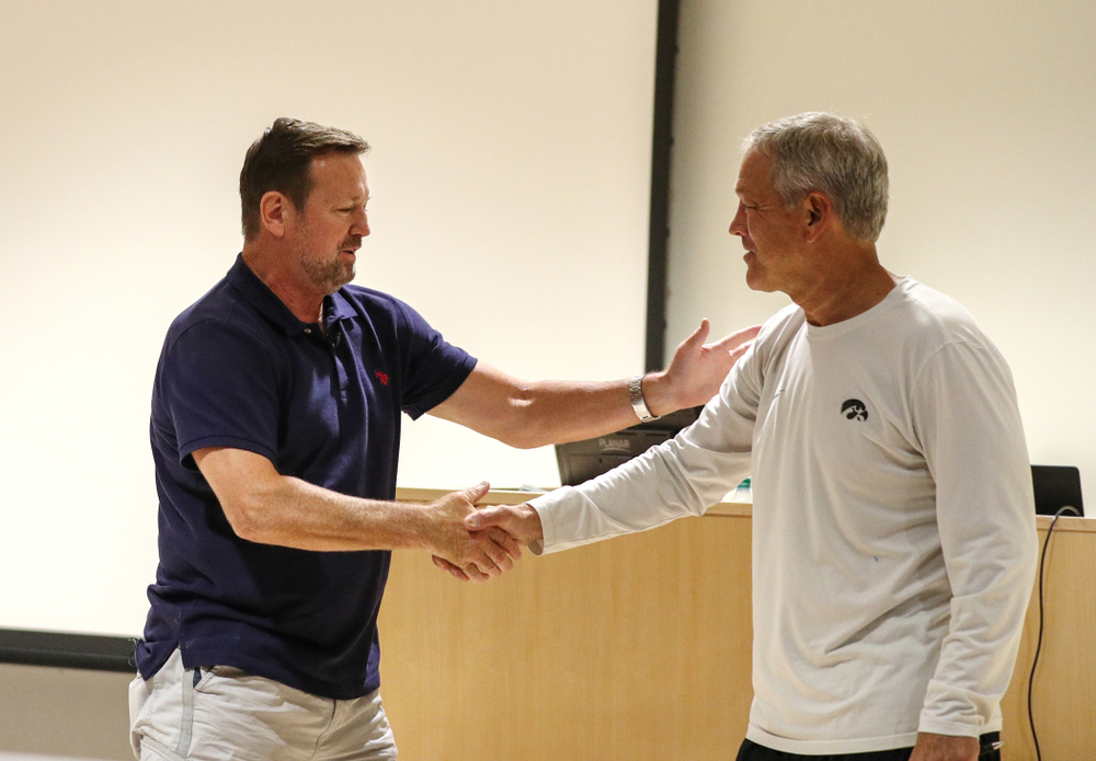 Former University of Iowa defensive back and Oklahoma Head Coach Bob Stoops addresses the Hawkeye Football team as the honorary captain for their game against Miami, Ohio Friday, August 30, 2019 at the Hansen Football Performance Center. (Brian Ray/hawkeyesports.com)