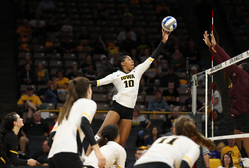 Iowa Hawkeyes outside hitter Griere Hughes (10) against the Minnesota Golden Gophers Wednesday, October 2, 2019 at Carver-Hawkeye Arena. (Brian Ray/hawkeyesports.com)