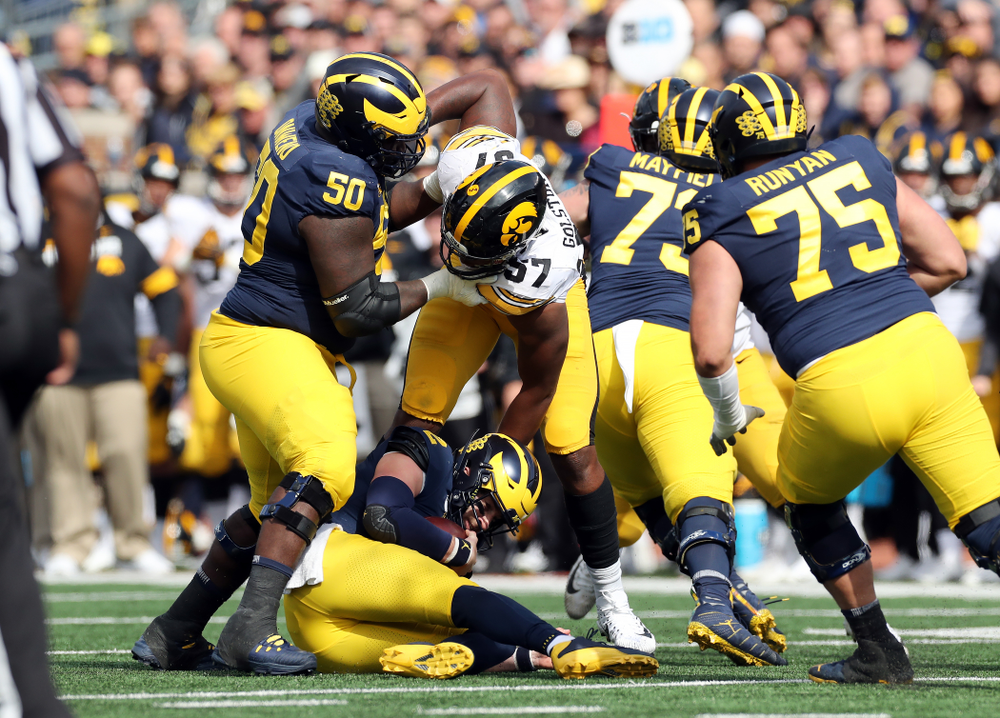Iowa Hawkeyes defensive end Chauncey Golston (57) against the Michigan Wolverines Saturday, October 5, 2019 at Michigan Stadium in Ann Arbor, MI. (Brian Ray/hawkeyesports.com)