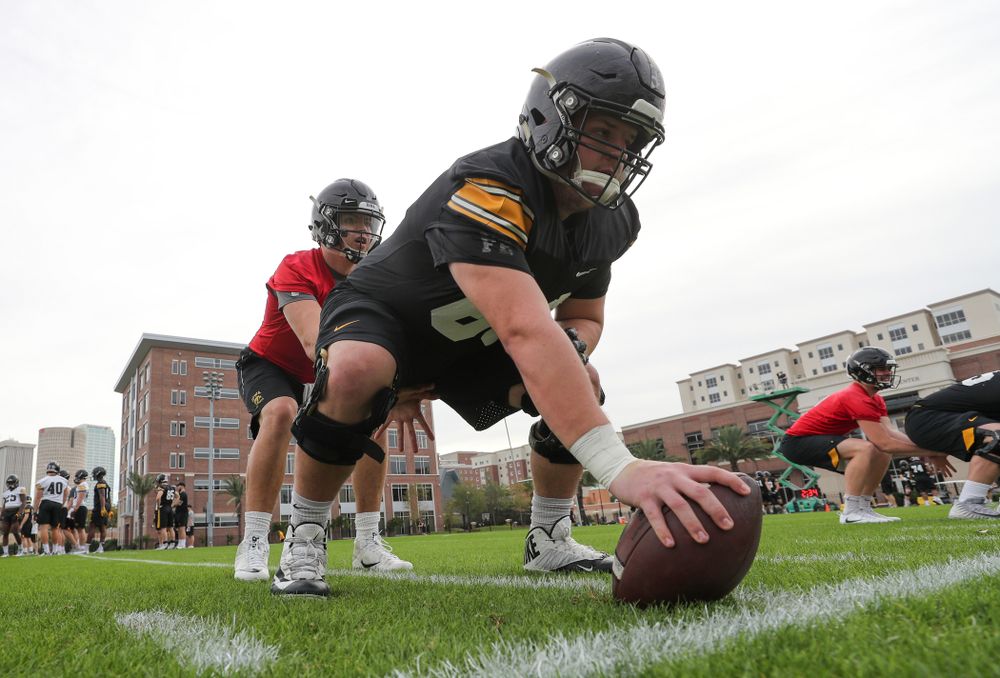 Iowa Hawkeyes offensive lineman Keegan Render (69) and quarterback Nate Stanley (4) during the team's first Outback Bowl Practice in Florida Thursday, December 27, 2018 at Tampa University. (Brian Ray/hawkeyesports.com)