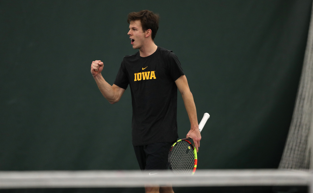 Piotr Smietana against the Miami Hurricanes Friday, February 8, 2019 at the Hawkeye Tennis and Recreation Complex. (Brian Ray/hawkeyesports.com)