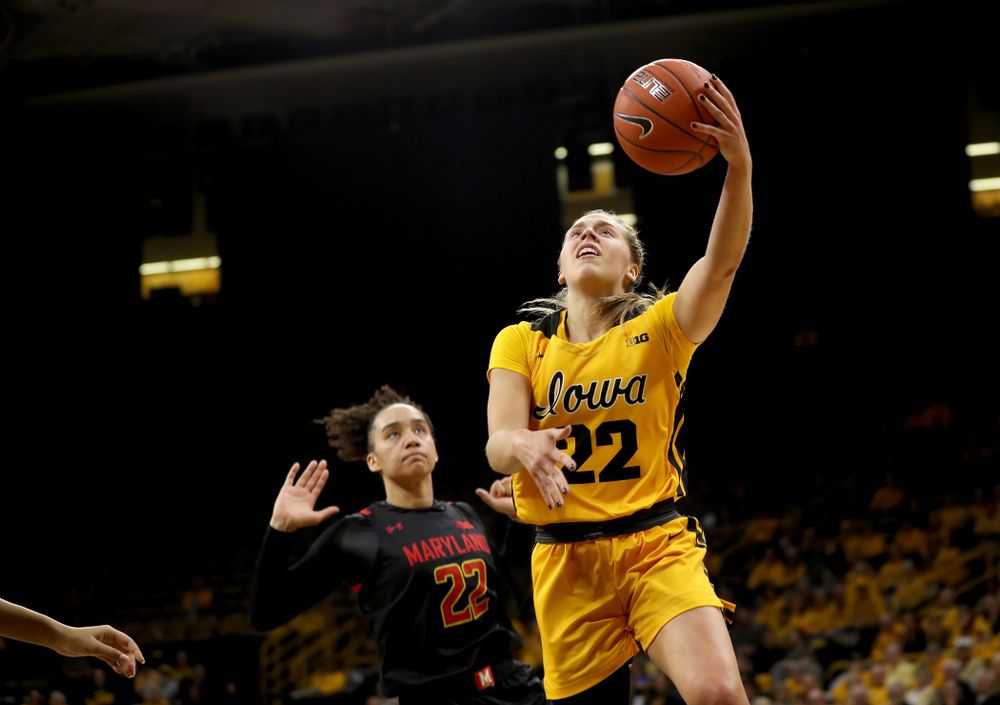 Iowa Hawkeyes guard Kathleen Doyle (22) against the Maryland Terrapins Thursday, January 9, 2020 at Carver-Hawkeye Arena. (Brian Ray/hawkeyesports.com)