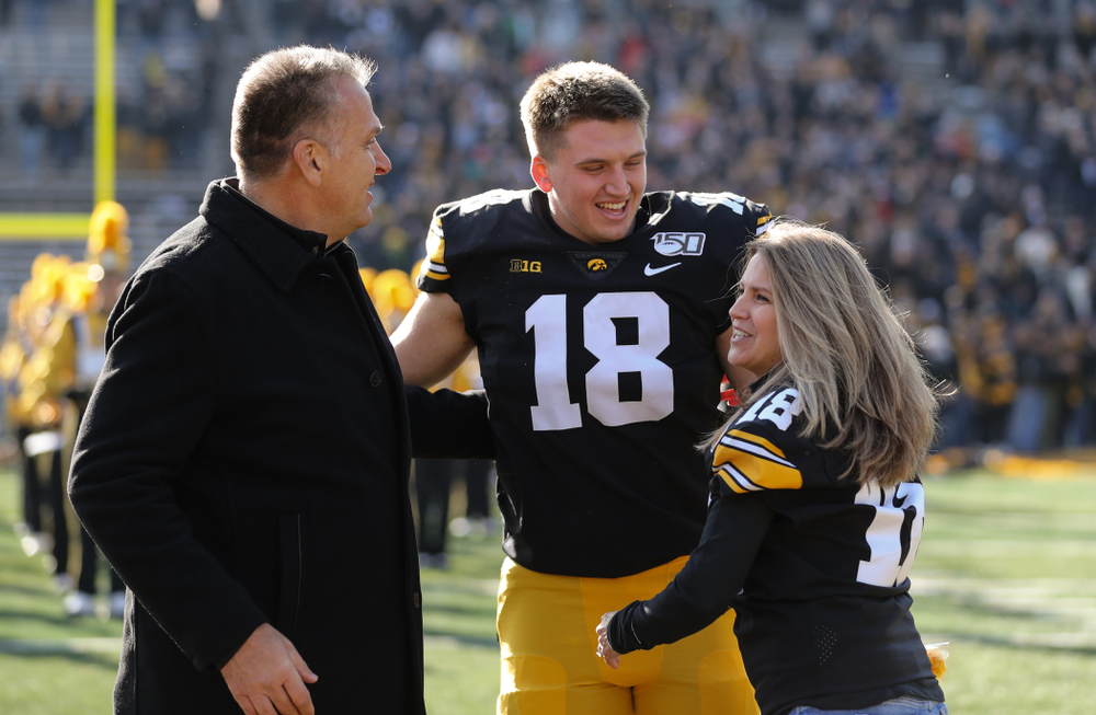 Iowa Hawkeyes tight end Drew Cook (18) during Senior Day festivities before their game against the Illinois Fighting Illini Saturday, November 23, 2019 at Kinnick Stadium. (Brian Ray/hawkeyesports.com)