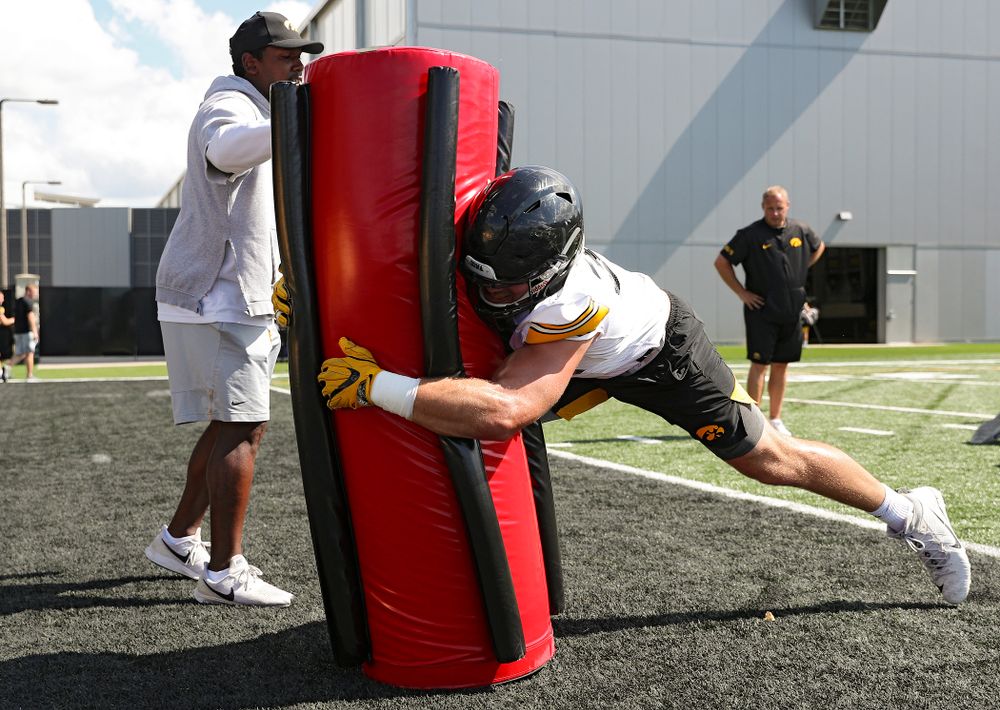 Iowa Hawkeyes linebacker Kristian Welch (34) hits a bag as they run a drill during Fall Camp Practice No. 13 at the Hansen Football Performance Center in Iowa City on Friday, Aug 16, 2019. (Stephen Mally/hawkeyesports.com)