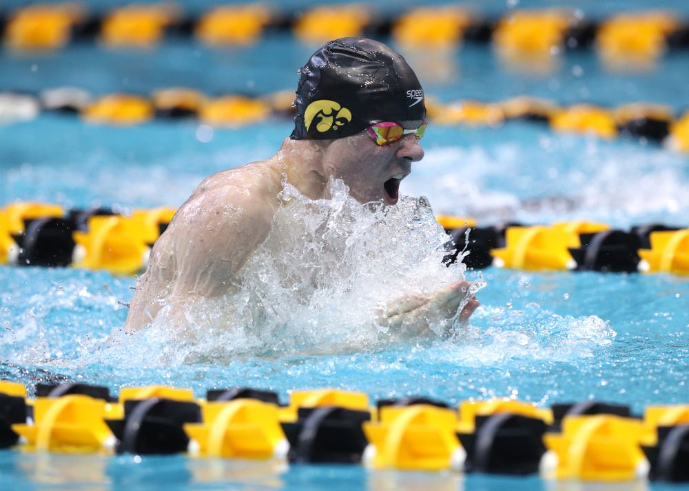 Iowa's Tanner Nelson competes in the 200-yard breaststroke during the 2019 Big Ten Men's Swimming and Diving Championships Saturday, March 2, 2019 at the Campus Wellness and Recreation Center. (Brian Ray/hawkeyesports.com)